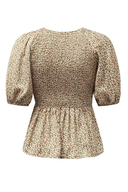 Floral Puff Sleeve Peplum Blouse