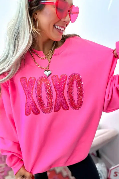 Strawberry Pink XOXO Glitter Graphic Notched Neck Baggy Sweatshirt