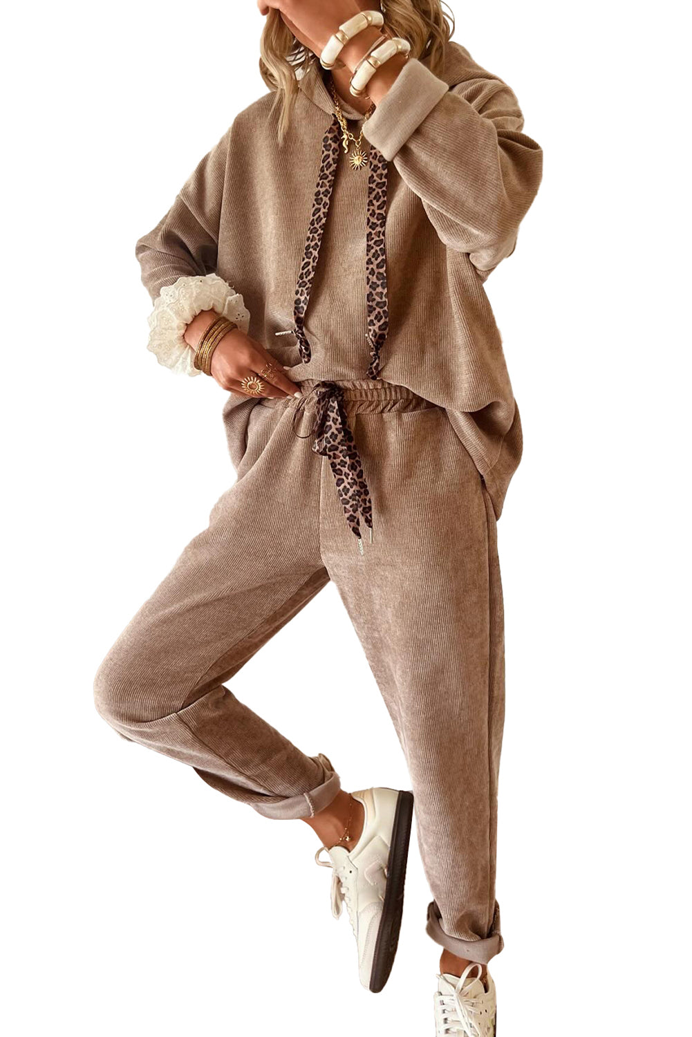 Dark Khaki Lace/Leopard Drawstring Pullover Hoodie and High Waist Pants Corduroy Suit