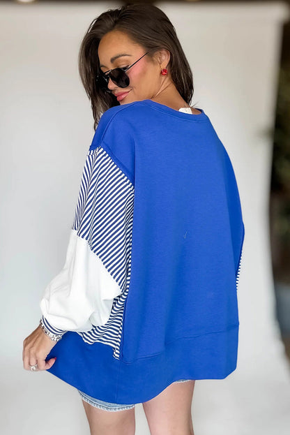 Dark Blue Striped Patchwork Sleeve Colorblock Sweatshirt