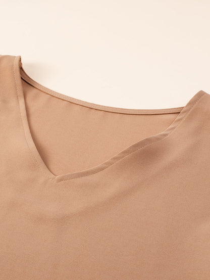 Elegant Smoke Gray Plus Size V Neck Blouse with Ruffled Batwing Sleeves