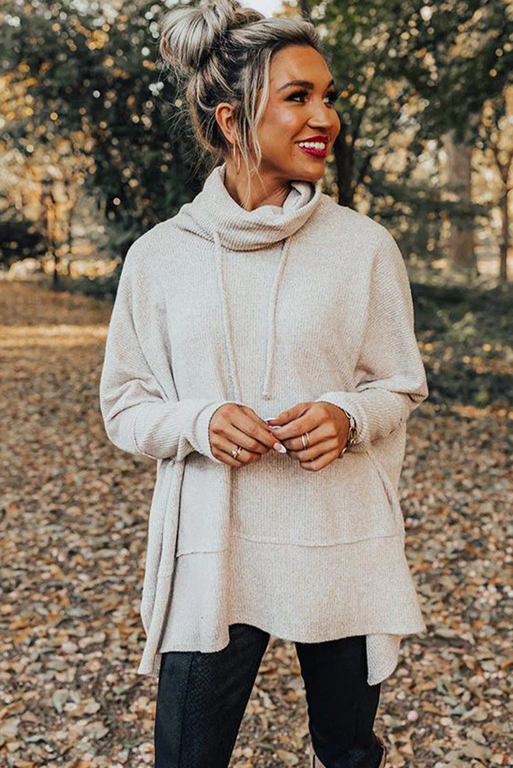 Light Grey Textured Knit Drawstring Cowl Neck Oversize Top with Side Slits