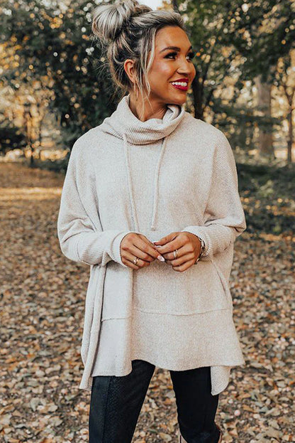 Light Grey Textured Knit Drawstring Cowl Neck Oversize Top with Side Slits