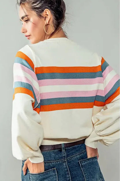 Beige Stripe Puff Sleeve Casual Pullover Sweatshirt