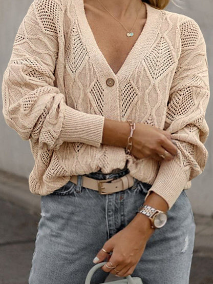 Elegant Apricot V-Neck Oversized Knit Cardigan with Button Detail