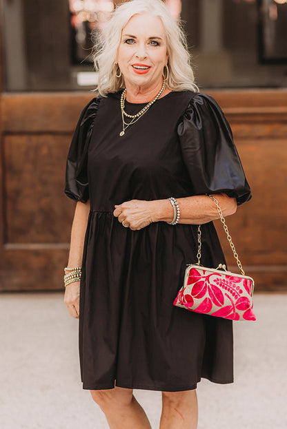 Curvy Black Swing Dress with Half Puff Sleeves