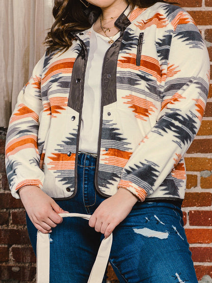 Aztec Print Stand Neck Plus Size Jacket in Grey Geo Patchwork