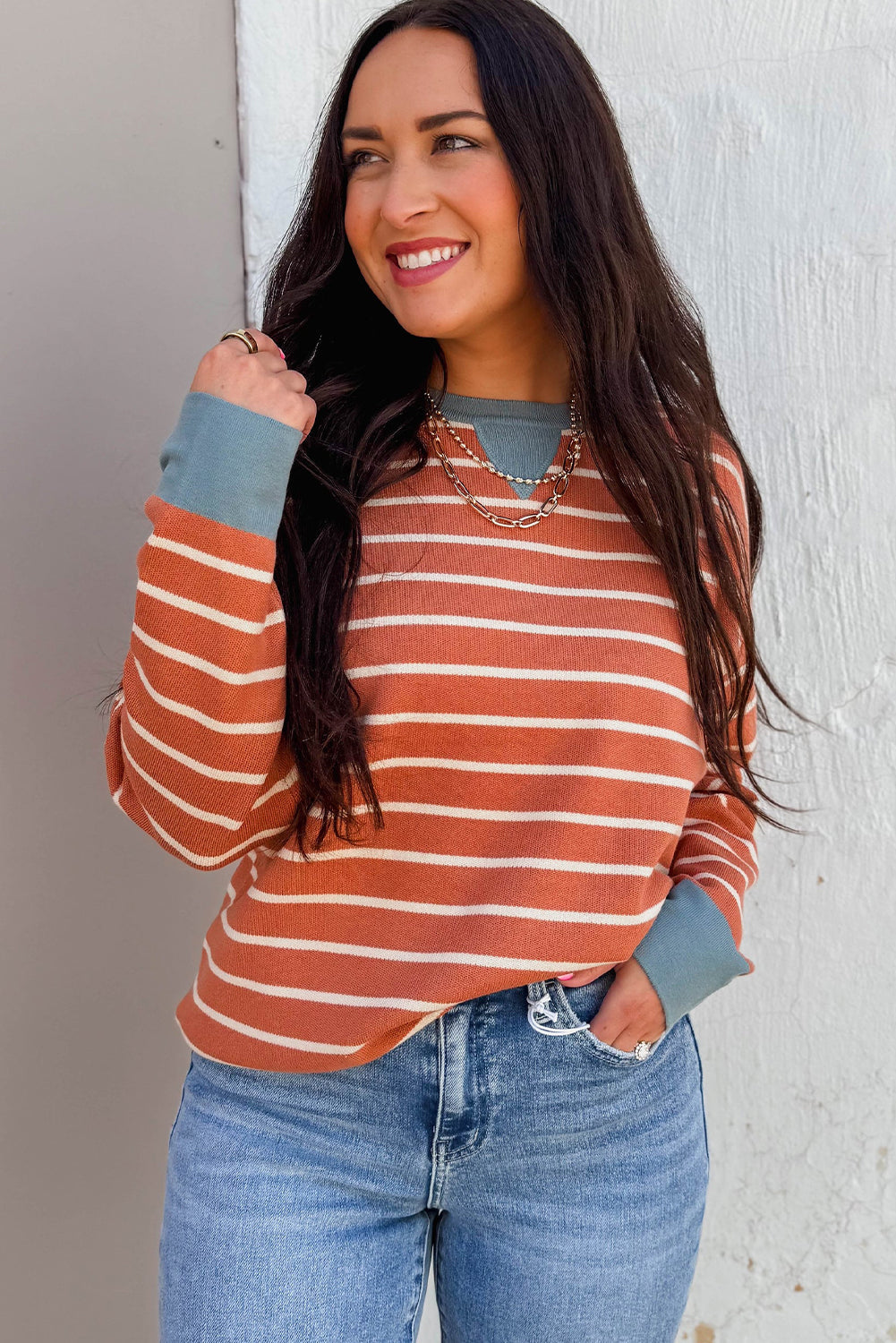 Orange Stripe Ribbed Color Block Detail Drop Shoulder Sweater