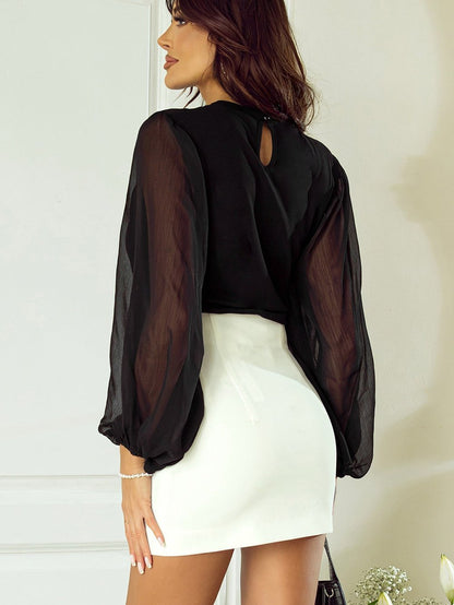 Elegant Black Mesh Puff Sleeve Ribbed Top