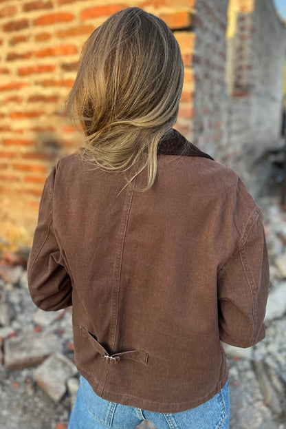 Coffee Corduroy Collar Zipped Front Denim Jacket