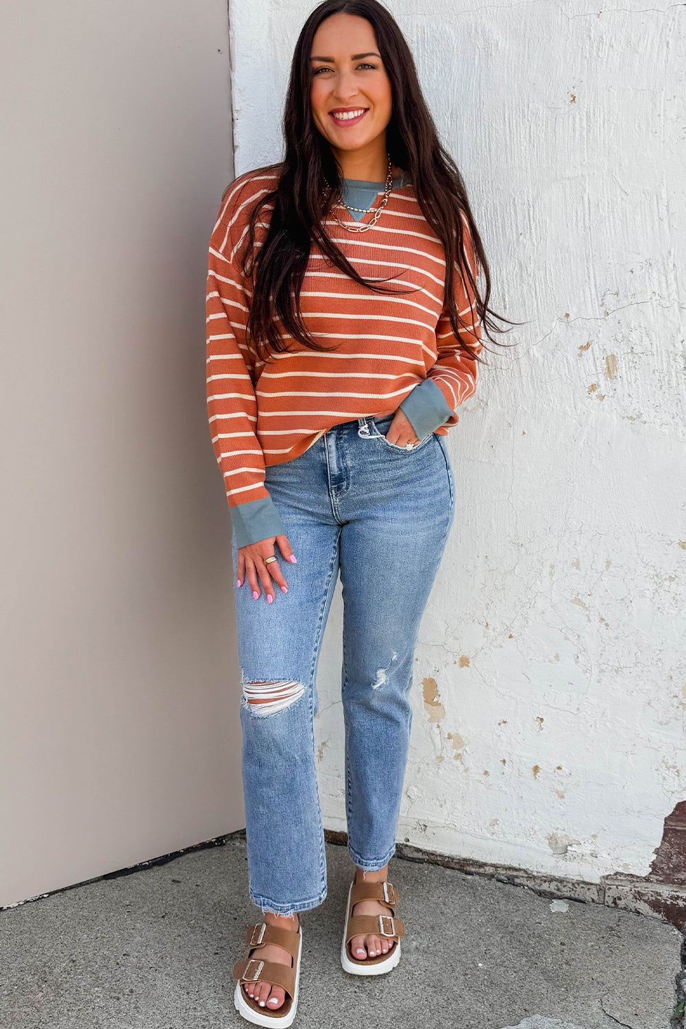 Orange Stripe Ribbed Color Block Detail Drop Shoulder Sweater