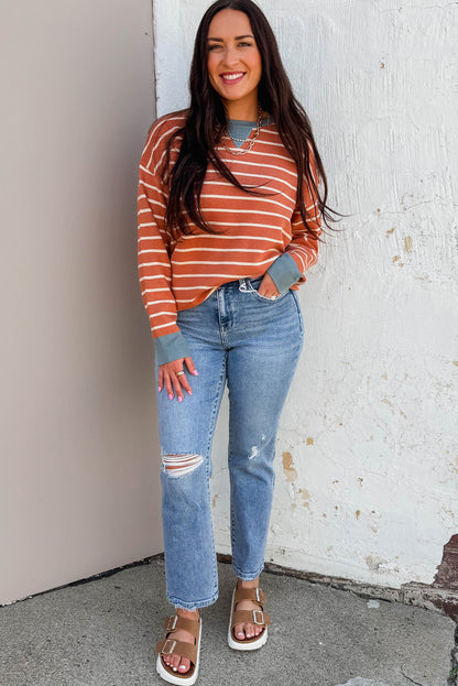 Orange Stripe Ribbed Color Block Detail Drop Shoulder Sweater