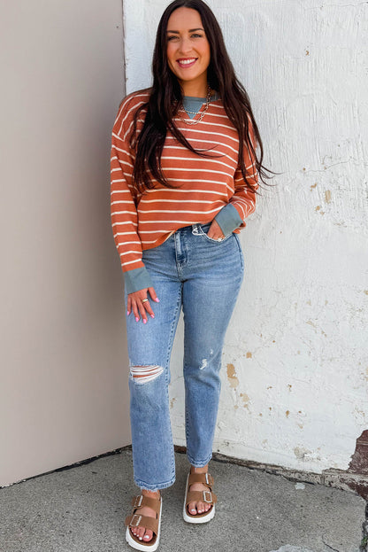 Orange Stripe Ribbed Color Block Detail Drop Shoulder Sweater