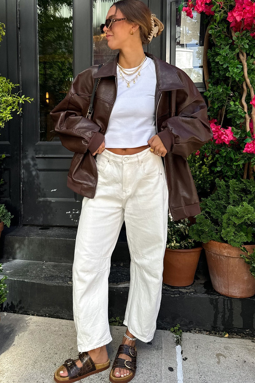 Coffee Faux Leather Zip Up Oversize Retro Jacket