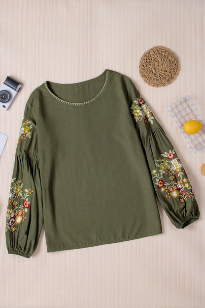 Emerald Green Floral Embroidered Crew Neck Top