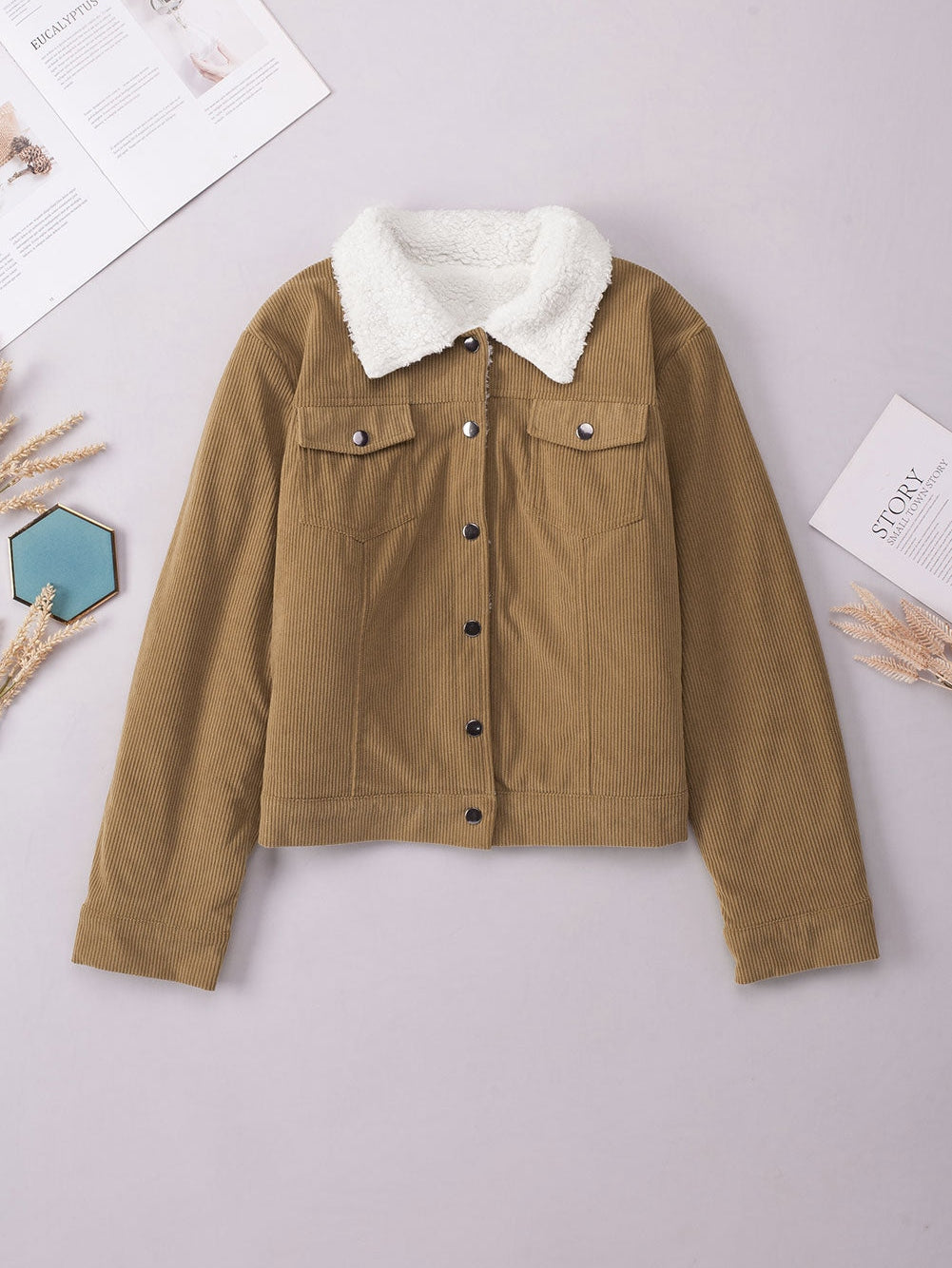 Khaki Corduroy Snap Button Sherpa Lined Jacket