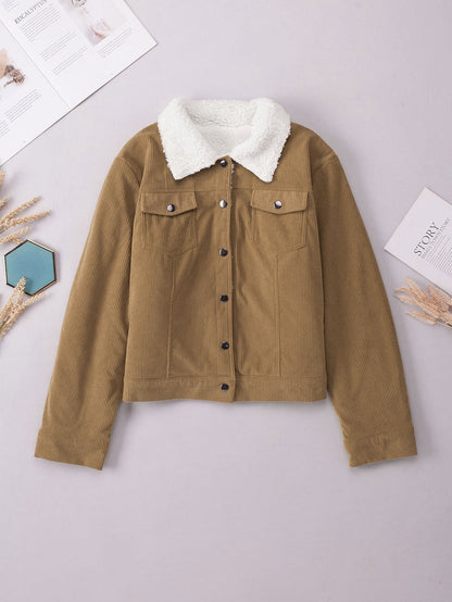 Khaki Corduroy Snap Button Sherpa Lined Jacket