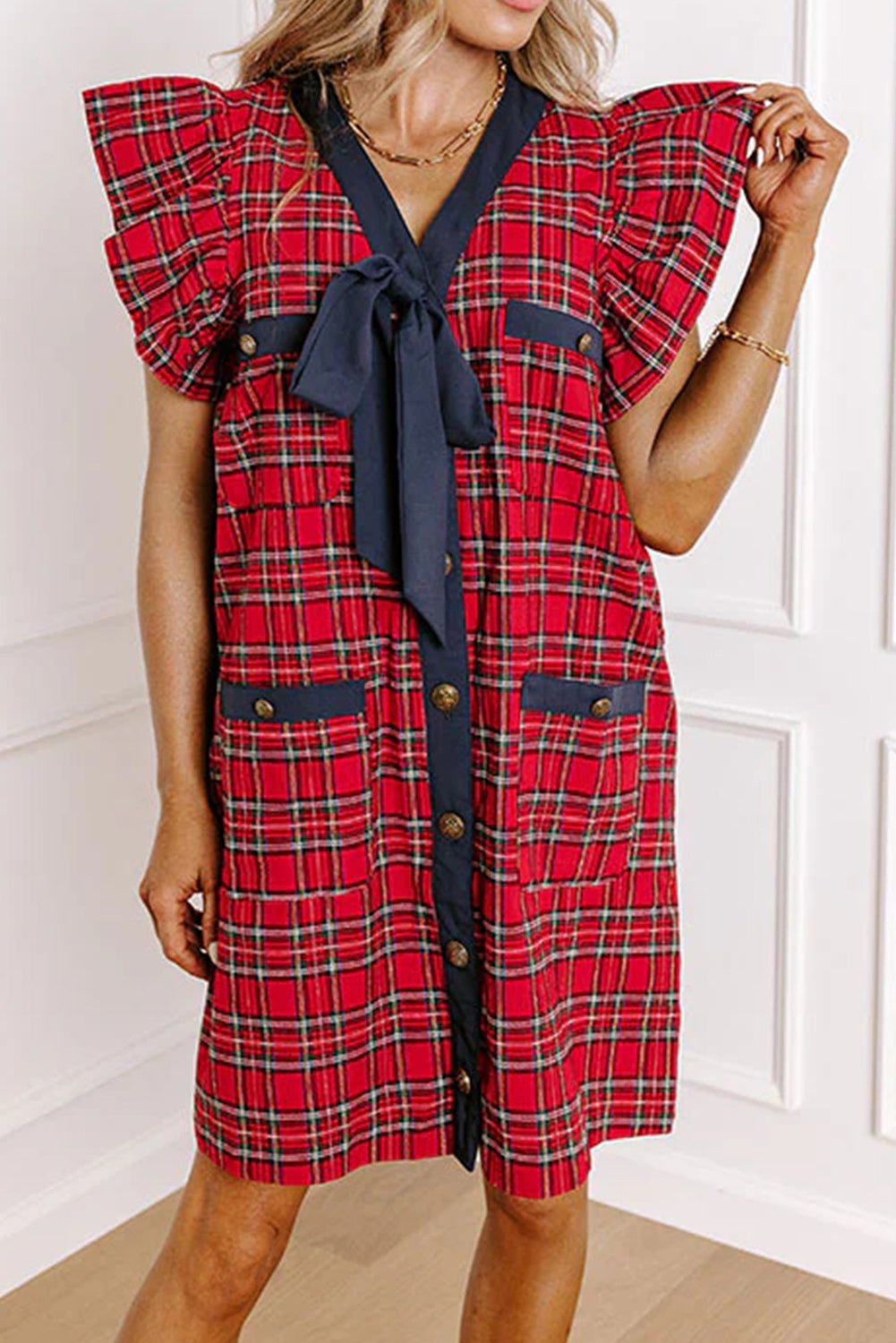 Red Festive Plaid Ruffled Short Sleeve Contrast Ribbon Bow V Neck Button Down Mini Dress