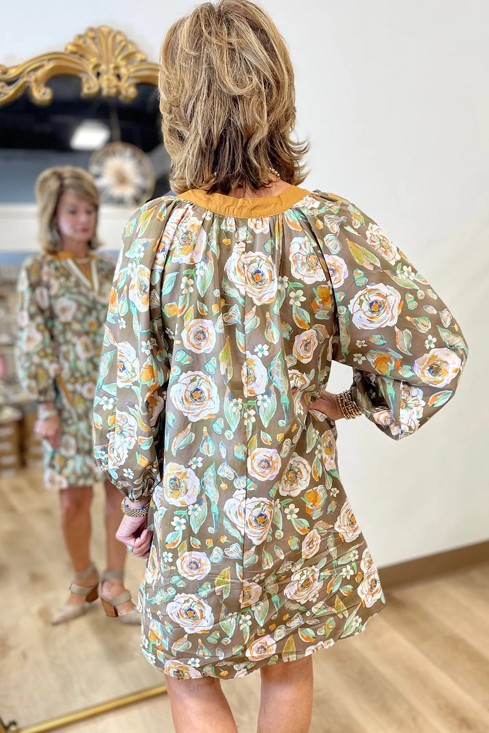 Brown Floral Print Contrast Trim V Neck Pocketed Long Sleeve Mini Dress