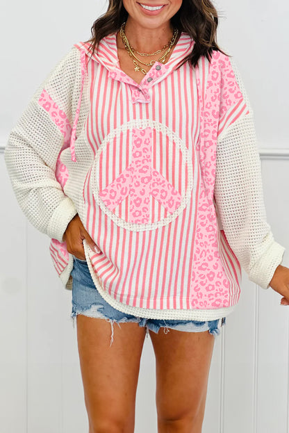 Pink Stripe Leopard Textured Knit Patchwork Hooded Loose Long Sleeve Top