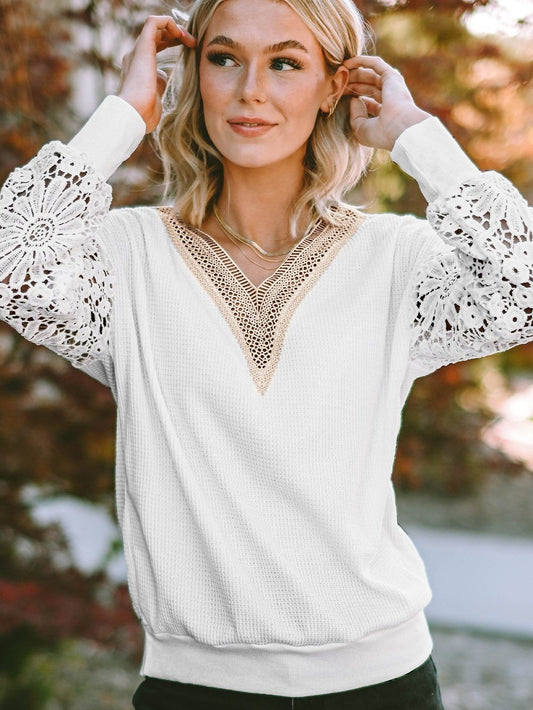 Elegant White Guipure Lace V-Neck Winter Top
