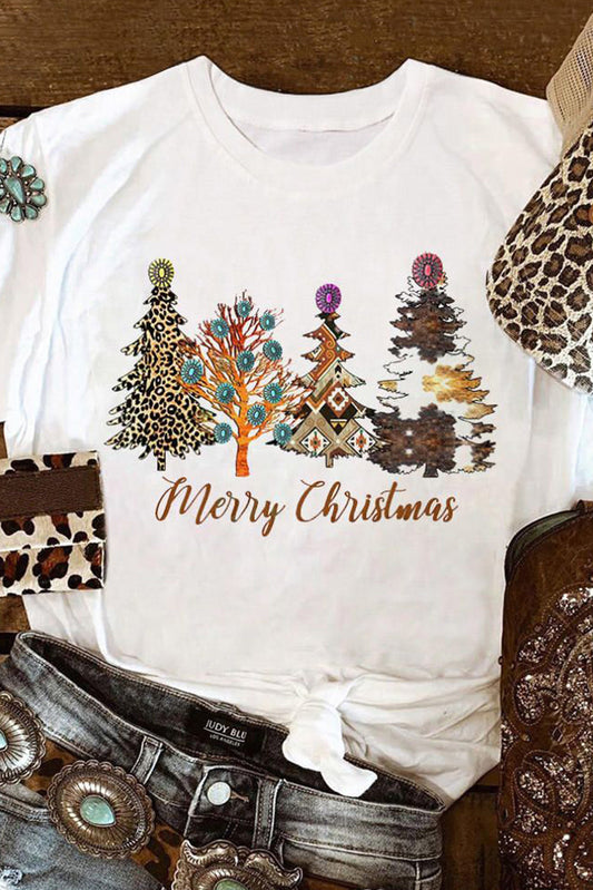 Festive White Western Tree Print Graphic T-shirt