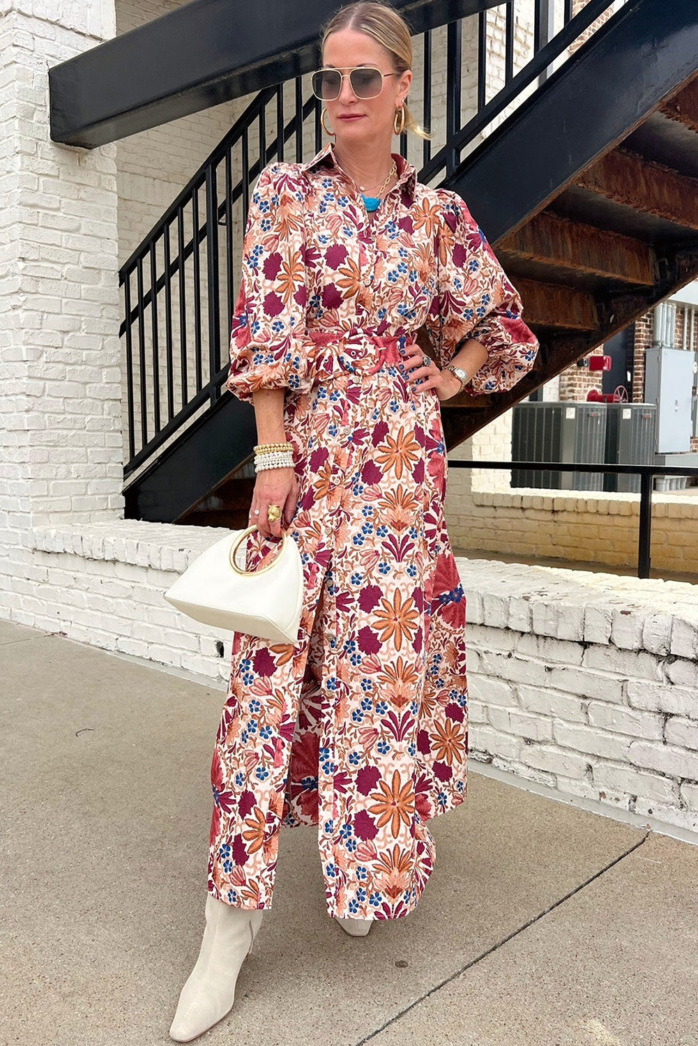 Red Floral Print Shirt Collar Button Down Puffy Bracelet Sleeve Long Dress