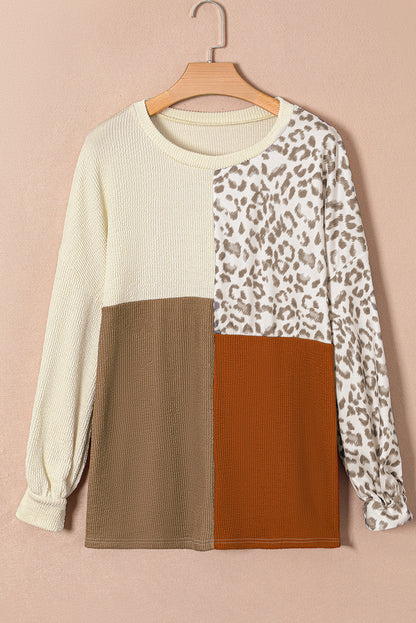 Khaki Ribbed Leopard Print Plus Size Bubble Sleeve Top