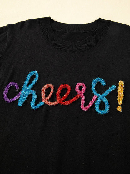 Sparkling Black Glitter Tinsel Cheers Plus Size Short Sleeve Sweater