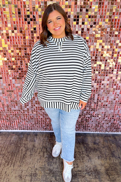 Black Stripe Delicate Stitch Detail Plus Size Drop Shoulder Pullover