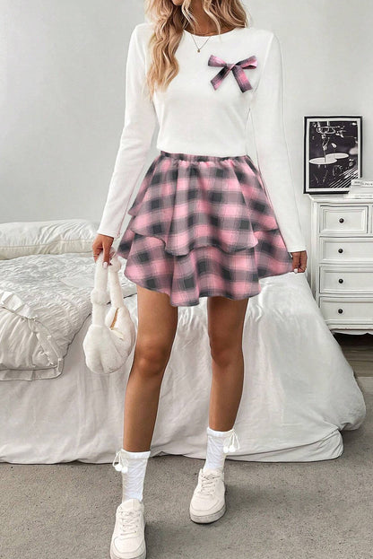 Pink Long Sleeve Tee Plaid Bow Decor Ruffle Mini Skirt 2pcs Set