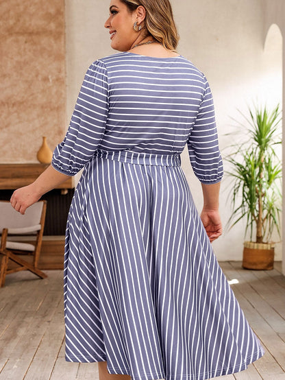 Elegant Gray Striped Tie Waist Midi Dress for Plus Size Women