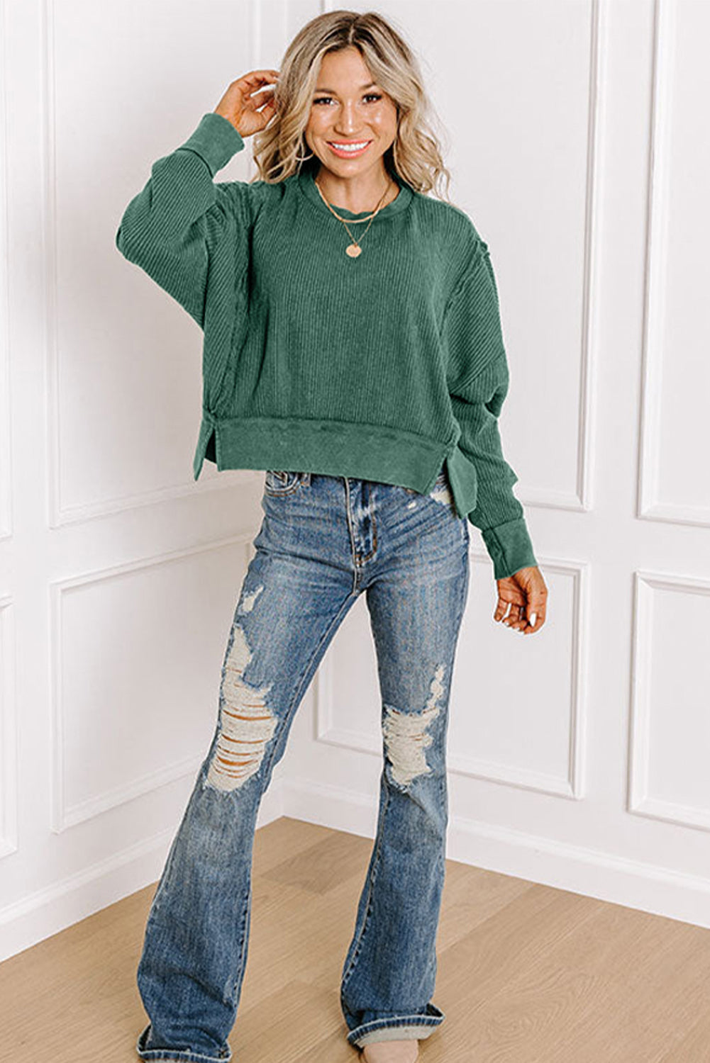Evergreen Solid Color Raw Seam Patchwork Ribbed Drop Shoulder Sweatshirt