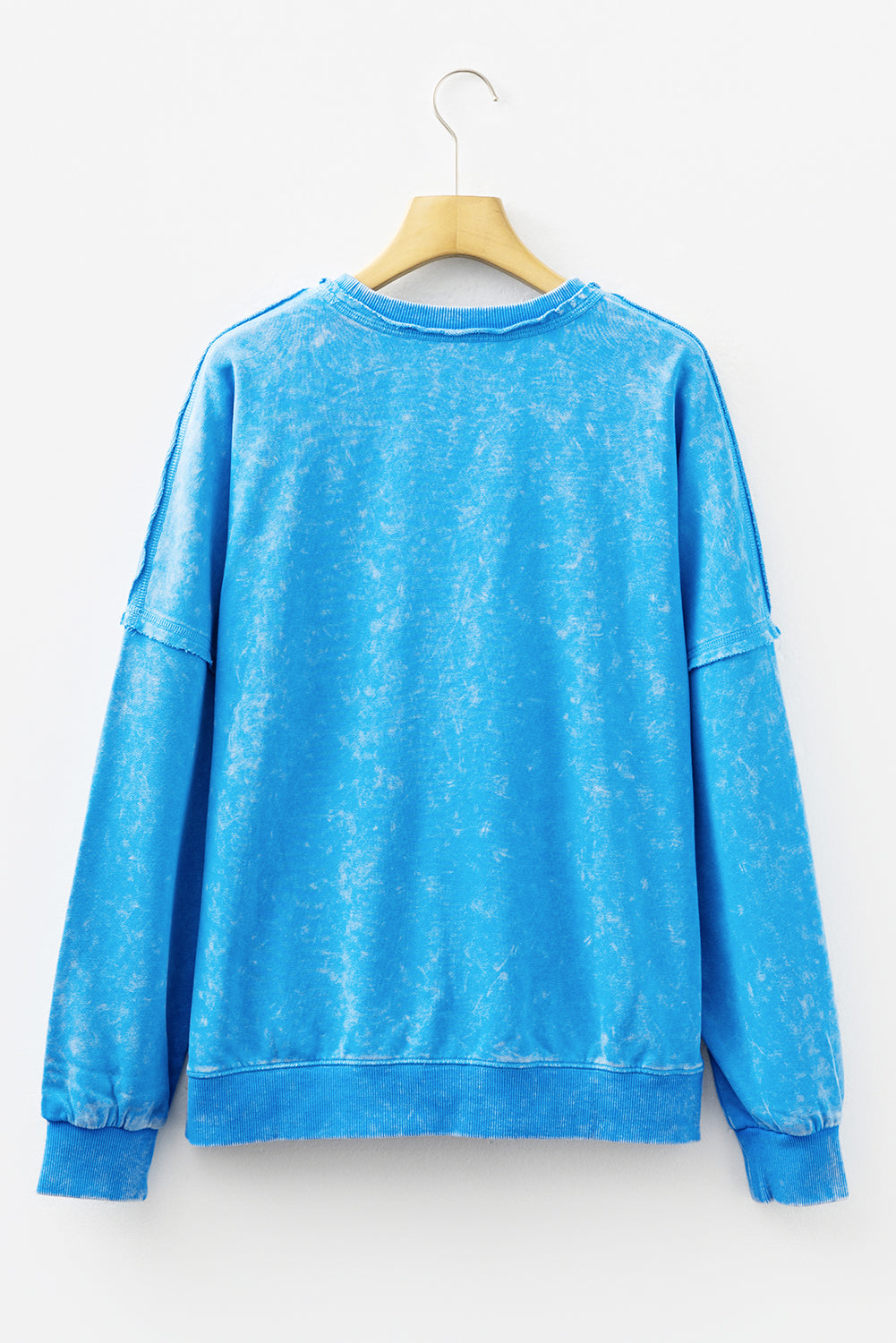 Blue Mineral Wash Raw Seam Double Patched Pocket Drop Shoulder Sweatshirt