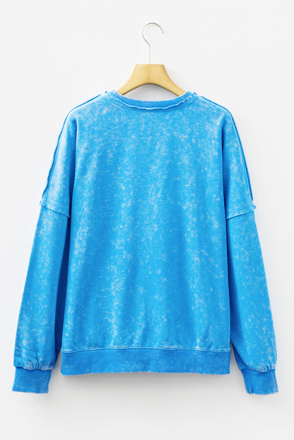 Blue Mineral Wash Raw Seam Double Patched Pocket Drop Shoulder Sweatshirt