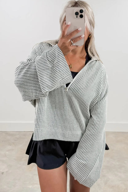 High Textured Half Zipper Collared Wide Sleeve Top