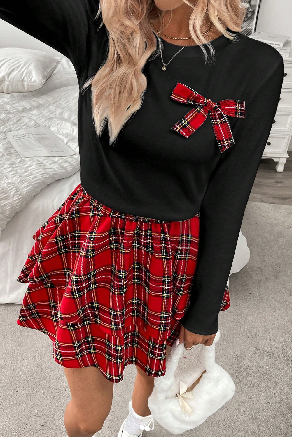 Red Long Sleeve Tee Plaid Bow Decor Ruffle Mini Skirt 2pcs Set