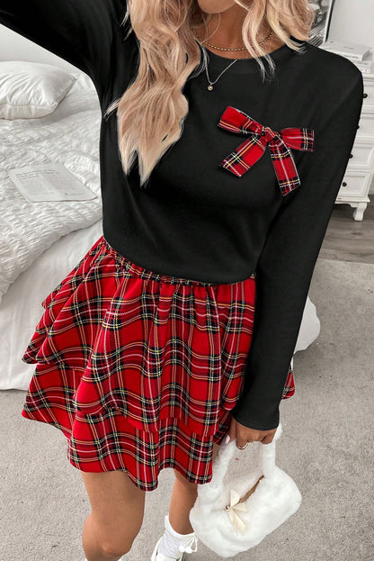 Red Long Sleeve Tee Plaid Bow Decor Ruffle Mini Skirt 2pcs Set