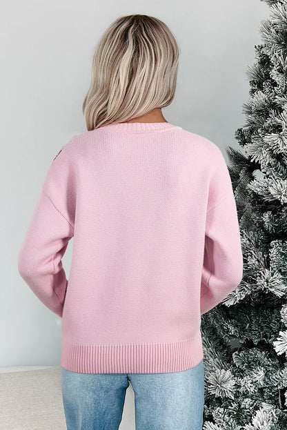 Pink Christmas Ginger Bread Man Print Round Neck Casual Sweater