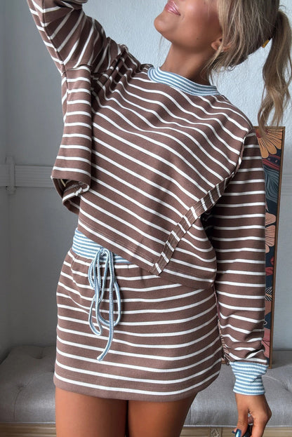 Brown Stripe Contrast Webbing Patchwork Cropped Long Sleeve Top Drawstring Mini Skirt Set
