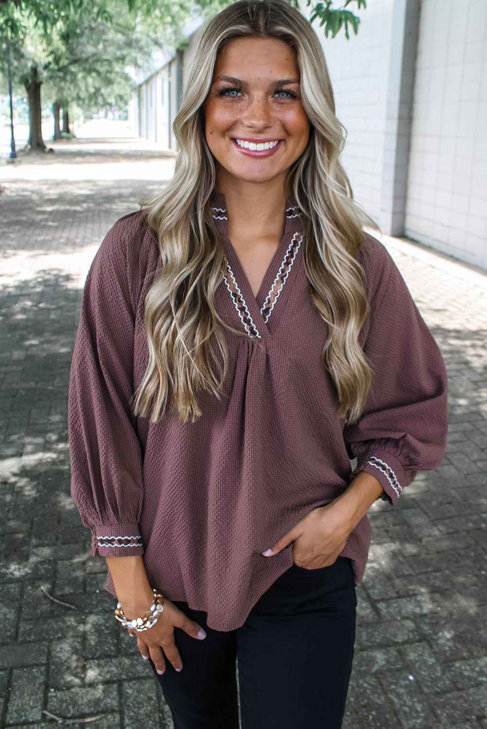 Dark Brown Contrast Leopard Trim Bracelet Sleeve V Neck Textured Top