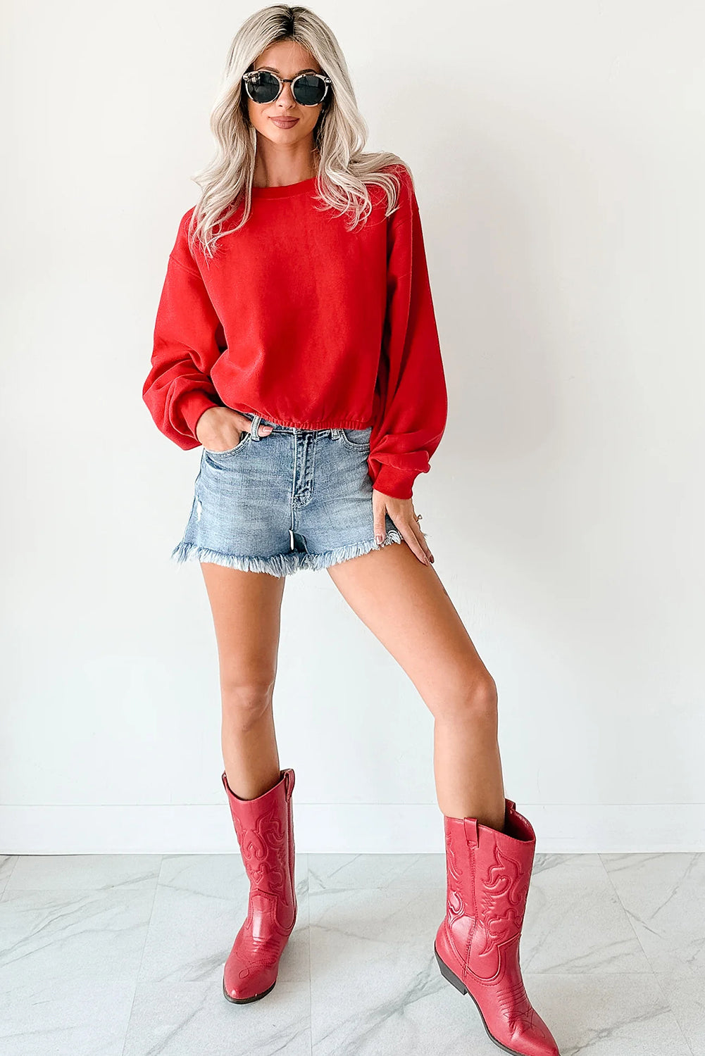 Fiery Red Cropped Elastic Hemline Drop Shoulder Solid Sweatshirt