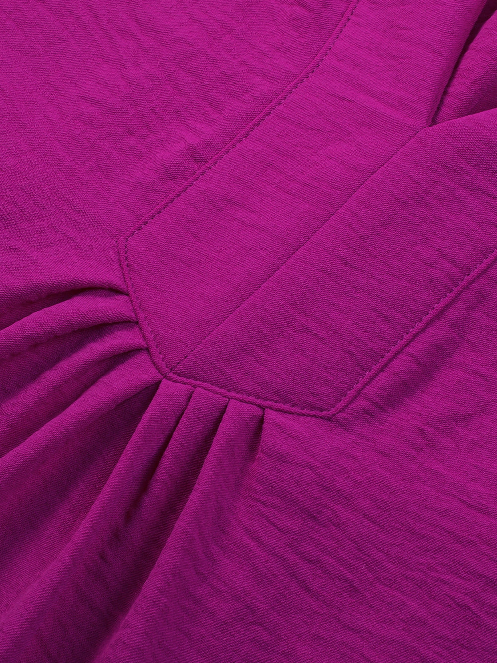 Rose Red Notched Neck Wide Sleeve Pleated Plus Size Dress