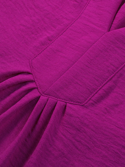 Rose Red Notched Neck Wide Sleeve Pleated Plus Size Dress