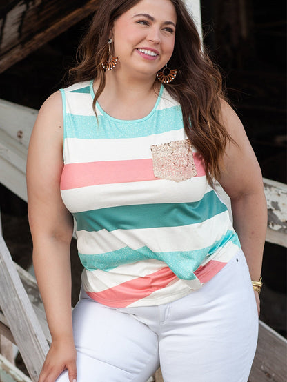 Vibrant Striped Plus Size Crew Neck Tankini Top