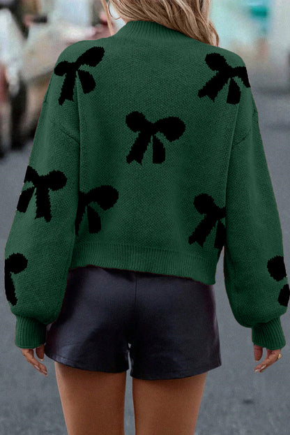Blackish Green Pearl Embellished Bow Pattern Loose Sweater