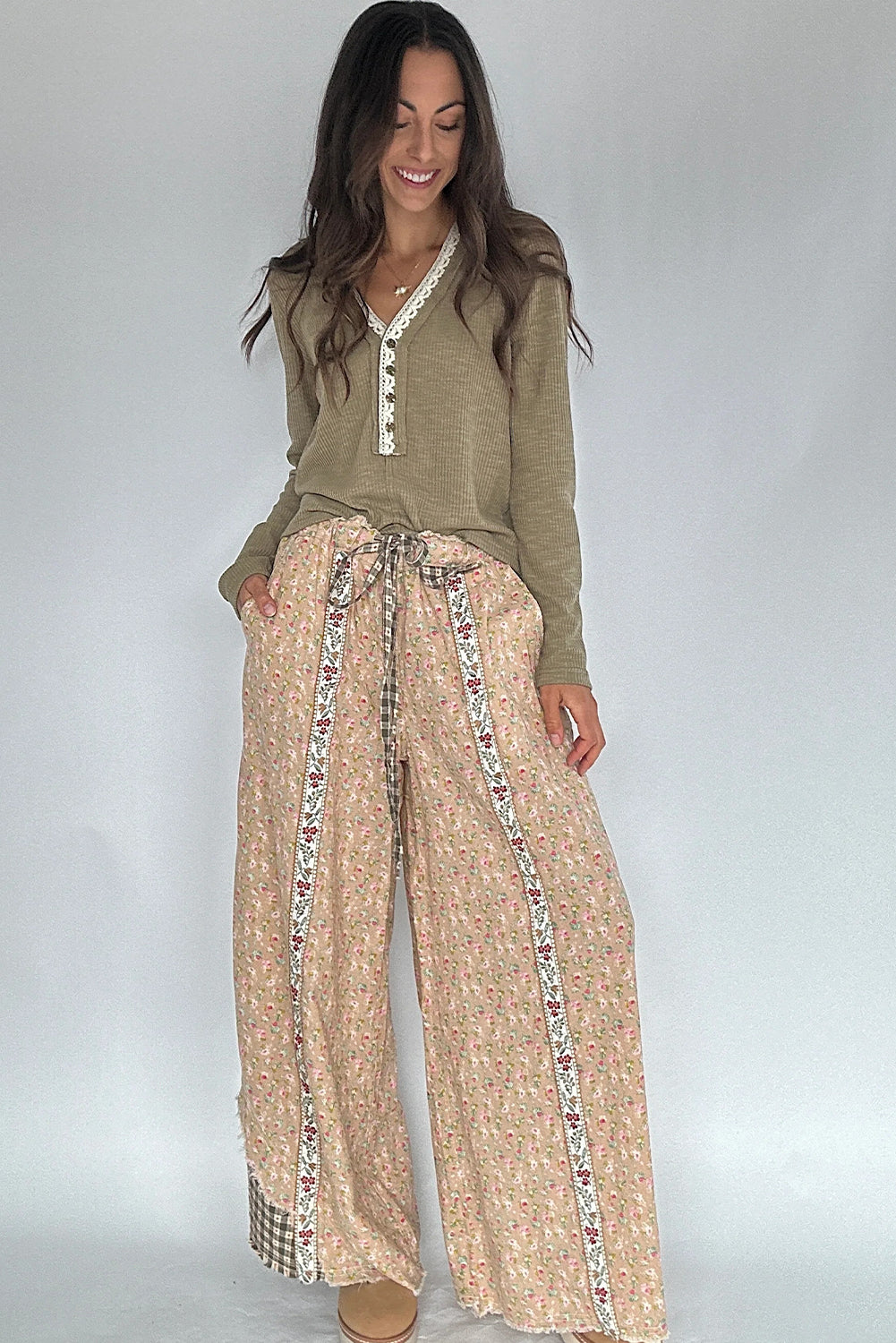 Sage Green Ribbed Knit Long Sleeve Lace Trim V Neck Buttoned Pullover Top