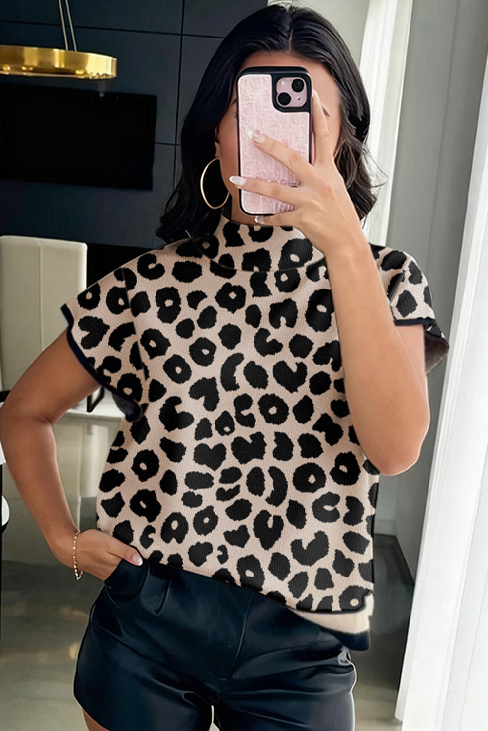 Black Leopard Print High Neck Short Sleeve Sweater