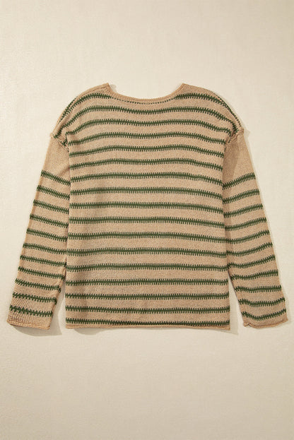 Khaki Stripe Drop Shoulder Casual Sweater