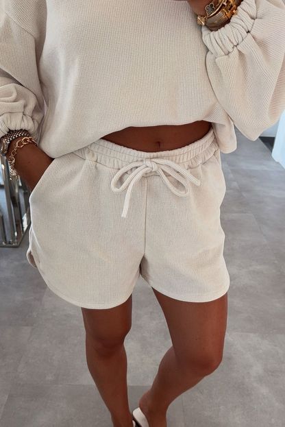 Jet Stream Solid Color Textured Knit Drop Shoulder Pullover Drawstring Shorts Set